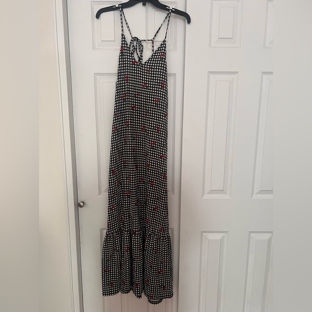 Black and White Checkered Maxi Dress with Red cherry Accents